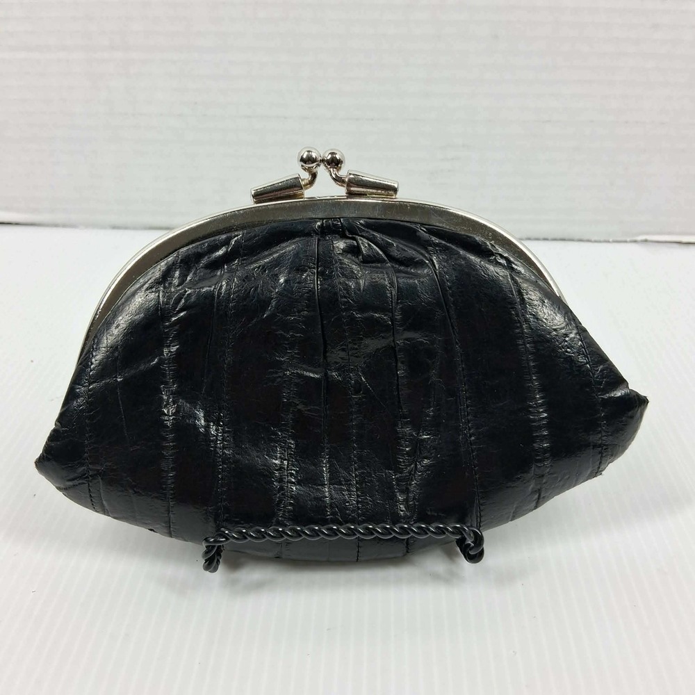 Bermans Vintage Black Eel Skin Kiss Lock Coin Purse Double Compartment Korea